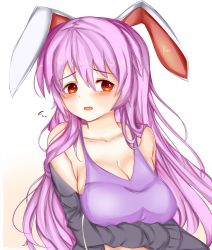 Rule 34 | 1girl, animal ears, artist name, bare shoulders, black jacket, blush, breast hold, breasts, cleavage, collarbone, embarrassed, eyebrows, flying sweatdrops, head tilt, highres, hood, hoodie, unworn hoodie, jacket, large breasts, long hair, looking at viewer, off shoulder, open clothes, open jacket, open mouth, purple hair, rabbit ears, red eyes, reisen udongein inaba, rono, simple background, solo, tank top, touhou, upper body, white background
