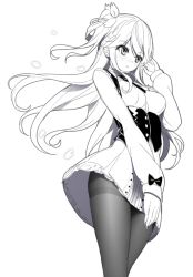 Rule 34 | 1girl, blush, breasts, commentary, emily stock, floating hair, greyscale, hair between eyes, hair ribbon, hand up, long hair, long sleeves, looking away, medium breasts, monochrome, nose blush, one side up, original, pantyhose, parted lips, pleated skirt, ribbon, ririko (zhuoyandesailaer), shirt, skirt, sleeves past wrists, solo, standing, symbol-only commentary, thighband pantyhose, underbust, very long hair
