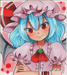 Rule 34 | 1girl, ascot, bat wings, blue hair, brooch, center frills, closed mouth, crossed arms, frilled shirt collar, frilled sleeves, frills, green brooch, hat, head tilt, jewelry, light smile, looking at viewer, maccha xxxxxx, marker (medium), medium hair, mob cap, pink background, pink hat, pink shirt, puffy short sleeves, puffy sleeves, red ascot, red eyes, red ribbon, remilia scarlet, ribbon, ribbon-trimmed headwear, ribbon trim, shirt, short sleeves, simple background, solo, touhou, traditional media, upper body, wings, wrist cuffs