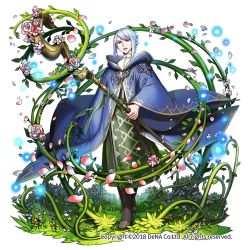 Rule 34 | androgynous, blue cloak, blue hair, brown footwear, cloak, florakinesis, flower, full body, gender request, grass, holding, holding staff, light blue hair, looking at viewer, magic, mochaabx, official art, open mouth, othellonia, petals, plant, pointy ears, robe, sidelocks, staff, standing, transparent background, vines, watermark, white background, wide sleeves, wizard