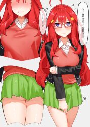 Rule 34 | 1girl, amog, black jacket, blazer, blue eyes, blush, breasts, collared shirt, commentary request, embarrassed, glasses, go-toubun no hanayome, green skirt, hair between eyes, hair ornament, highres, jacket, large breasts, long hair, looking at viewer, multiple views, nakano itsuki, open clothes, open jacket, pleated skirt, red hair, red sweater vest, school uniform, shirt, skirt, speech bubble, star (symbol), star hair ornament, sweater vest, translation request, white shirt