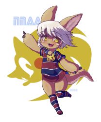 Rule 34 | 1other, animal ears, artist name, body fur, bune poster, chris-chan, full body, furry, hand up, highres, horizontal pupils, kneehighs, looking at viewer, made in abyss, nanachi (made in abyss), pointing, rabbit ears, real life, shirt, short hair, simple background, socks, solo, sonic (series), sonichu, standing, standing on one leg, striped clothes, striped shirt, striped socks, tail, whiskers, white background, white hair, yellow eyes