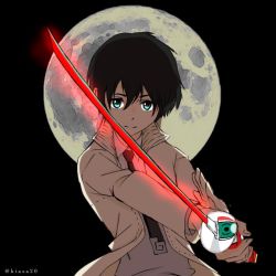 Rule 34 | 10s, 1boy, black hair, blue eyes, collared shirt, commentary request, darling in the franxx, grey shirt, hiro (darling in the franxx), holding, holding sword, holding weapon, jacket, kiasa20, looking at viewer, male focus, moon, necktie, open clothes, open jacket, parody, shirt, short hair, signature, solo, soul eater, sword, weapon, white jacket, white necktie, wing collar, zero two (darling in the franxx)