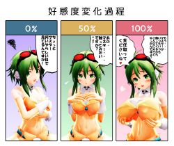 Rule 34 | 1girl, 3d, breasts, goggles, goggles on head, gumi, highres, huge breasts, large breasts, mikumikudance (medium), navel, takesui, translation request, vocaloid