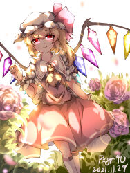 Rule 34 | 1girl, absurdres, artist name, ascot, backlighting, blonde hair, breasts, closed mouth, crystal, dated, feet out of frame, flandre scarlet, flower, frilled shirt collar, frills, hat, highres, kneehighs, leaf, looking at viewer, medium hair, mob cap, multicolored wings, pink flower, puffy short sleeves, puffy sleeves, pzgr.40, red eyes, red skirt, red vest, shirt, short sleeves, skirt, small breasts, socks, solo, touhou, vest, white hat, white shirt, white socks, wings, wrist cuffs, yellow ascot