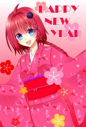 Rule 34 | 1girl, :d, ahoge, bad id, bad pixiv id, blue eyes, braid, female focus, french braid, gradient background, hair between eyes, hair intakes, happy new year, heart, heart-shaped pupils, japanese clothes, kimono, kurosaki mea, long hair, looking at viewer, new year, open mouth, pink background, pink kimono, red hair, smile, solo, standing, symbol-shaped pupils, to love-ru, to love-ru darkness