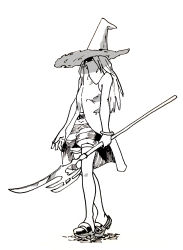 Rule 34 | 1girl, absurdres, belt, black mage, black mage (fft), black mage (final fantasy), final fantasy, final fantasy tactics, full body, hat, highres, holding, holding weapon, lance, long hair, monochrome, polearm, robe, shorts, simple background, solo, staff, standing, weapon, white background, witch hat