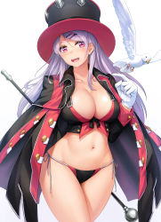 Rule 34 | 1girl, bikini, bird, black bikini, black coat, blush, breasts, buttons, cleavage, coat, collarbone, cowboy shot, cropped jacket, crossed legs, dove, gloves, gradient background, groin, hair ornament, hairclip, hat, highres, holding, holding staff, jacket, jacket on shoulders, large breasts, long hair, looking at viewer, magician, navel, obaoba (monkeyix), open mouth, original, purple eyes, purple hair, side-tie bikini bottom, sidelocks, simple background, smile, solo, staff, stomach, swimsuit, thighs, top hat, white gloves
