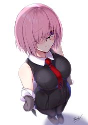 Rule 34 | 1girl, absurdres, bad id, bad pixiv id, bare shoulders, bee doushi, black-framed eyewear, black dress, black pantyhose, blurry, blurry background, blush, breasts, brown footwear, closed mouth, collared shirt, commentary request, depth of field, dress, eyes visible through hair, fate/grand order, fate (series), hair over one eye, highres, jacket, large breasts, long sleeves, mash kyrielight, necktie, off shoulder, over-rim eyewear, pantyhose, pink hair, pleated dress, purple eyes, red necktie, semi-rimless eyewear, shirt, shoes, signature, sleeveless, sleeveless dress, sleeves past fingers, sleeves past wrists, solo, standing, white background, white jacket