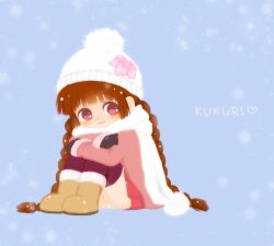 Rule 34 | 1girl, beanie, black gloves, blue background, blush, boots, braid, brown footwear, character name, flower, fur boots, gloves, hat, jacket, kukuri (mahoujin guruguru), mahoujin guruguru, panties, pink flower, pink jacket, pleated skirt, pom pom (clothes), pom pom beanie, purimavellaaporon, purple thighhighs, red eyes, red skirt, scarf, sitting, skirt, smile, snowflakes, thighhighs, twin braids, ugg boots, underwear, white hat, white panties, white scarf, winter clothes, winter hat