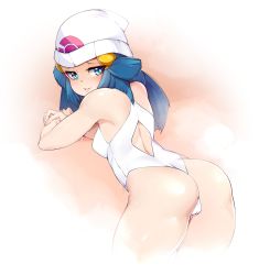 Rule 34 | 1girl, absurdres, alternate costume, aqua eyes, armpits, ass, back cutout, bad id, bad twitter id, bare shoulders, beanie, blue hair, blush, breasts, cameltoe, cleft of venus, clothing cutout, commentary, competition swimsuit, cowboy shot, creatures (company), cropped legs, crossed arms, curvy, dawn (pokemon), english commentary, female focus, from behind, game freak, hair ornament, hairclip, half-closed eyes, hat, highleg, highleg swimsuit, highres, huge ass, jpeg artifacts, leaning forward, lips, looking back, looking to the side, medium breasts, medium hair, naughty face, nintendo, one-piece swimsuit, parted lips, partially visible vulva, poke ball symbol, poke ball theme, pokemon, pokemon dppt, red background, shiny skin, simple background, slugbox, small breasts, smile, solo, standing, steam, swimsuit, teeth, wet, white background, white hat, white one-piece swimsuit