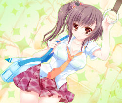 Rule 34 | 1girl, 2boys, arm up, bag, bra visible through clothes, breasts, brown eyes, brown hair, character request, cleavage, collarbone, dutch angle, hair ornament, hinata momo, holding, large breasts, looking at viewer, multiple boys, necktie, plaid, plaid skirt, school bag, school uniform, short hair, short sleeves, shoulder bag, side ponytail, skirt, solo focus, sweat