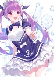 Rule 34 | 1girl, ahoge, anchor symbol, blue dress, blue hair, blue nails, blue ribbon, blush, breasts, colored inner hair, commentary, cowboy shot, dress, frills, hair ribbon, highres, hololive, index finger raised, looking at viewer, maid, maid headdress, medium breasts, minato aqua, minato aqua (1st costume), multicolored hair, nail polish, open mouth, purple eyes, purple hair, ribbon, smile, solo, takubon, thighs, twintails, two-tone hair, virtual youtuber, water, white background, wrist cuffs