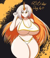 Rule 34 | 1girl, bikini, breasts, cleavage, curvy, fire emblem, fire emblem heroes, gullveig (fire emblem), highres, horns, huge breasts, long hair, multicolored hair, navel, nintendo, orange hair, sideboob, signature, solo, striderdogart, swimsuit, tagme, thick thighs, thighs, underboob, white hair, wide hips, yellow eyes