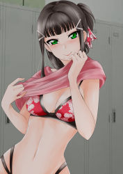 Rule 34 | 1girl, absurdres, alternate hairstyle, bikini, blunt bangs, blush, breasts, cleavage, clothes lift, floral print, green eyes, hair ornament, hairclip, highres, indoors, kurogane yamato, kurosawa dia, lifted by self, locker, locker room, looking at viewer, love live!, love live! school idol festival, love live! sunshine!!, medium breasts, mole, mole under mouth, multiple straps, navel, red bikini, red shirt, shirt, shirt lift, sleeveless, smile, solo, swimsuit, undressing, upper body