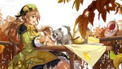 Rule 34 | 1girl, :d, autumn leaves, bad id, bad pixiv id, black skirt, bow, brown eyes, cake, cake slice, cup, ddaomphyo, dog, dress, food, green dress, green headwear, hat, hat ornament, leaf, licking, long hair, mano (teria saga), maple leaf, open mouth, outdoors, plate, profile, railing, sitting, skirt, sky, smile, spill, table, teacup, teapot, teria saga, tiered tray, twintails, white sky, yellow bow