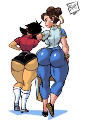 Rule 34 | 2girls, absurdres, ass, billyrx, black hair, bracelet, brown hair, capcom, chun-li, clothes, double bun, ear piercing, female focus, hair bun, head on another&#039;s shoulder, highres, huge ass, jewelry, looking at viewer, medium hair, multiple girls, piercing, simple background, smile, street fighter, twintails, white background