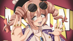 Rule 34 | 1990s (style), 1girl, absurdres, araizumi rui (style), blue gemstone, blush, brown eyes, dress, drill hair, eyewear on head, gem, gold, high collar, highres, jewelry, light brown hair, looking at viewer, medium hair, meme, mrbeast, necklace, open mouth, pendant, real life, retro artstyle, ring, round eyewear, smile, solo, step arts, sunglasses, teeth, touhou, twin drills, upper body, upper teeth only, white dress, yorigami jo&#039;on