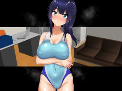 Rule 34 | 1girl, black border, blue hair, blush, border, breast hold, breasts, cameltoe, caruta, cleavage, competition swimsuit, couch, covered erect nipples, covered navel, cowboy shot, crossed arms, female focus, green eyes, groin, hair between eyes, head tilt, high ponytail, highres, indoors, kiraware kyoushi no saimin takuran, large breasts, long hair, looking at viewer, one-piece swimsuit, original, ponytail, shiny skin, solo, standing, swimsuit, table