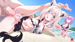 Rule 34 | 1boy, 2girls, :3, ahoge, anal, animal ear fluff, animal ears, armpits, arms up, artist logo, artist name, barefoot, bikini, bikini bottom aside, blue sky, blush, braid, breasts, cat girl, cat tail, cleft of venus, closed eyes, clothed female nude male, clothing aside, collarbone, commentary, commission, day, dr-alu, dutch angle, english commentary, eyelashes, feet, foot out of frame, fox ears, fox girl, fox tail, frilled bikini, frills, hand on own leg, hetero, hololive, hololive summer 2023 swimsuit, large breasts, large penis, leg hold, leg lift, leg up, legs, long hair, looking at another, lying, medium breasts, medium hair, multiple girls, nail polish, navel, nekomata okayu, nude, official alternate costume, on side, open mouth, out of frame, outdoors, panties, panties aside, penis, poolside, public indecency, purple hair, pussy, sex, shirakami fubuki, sky, split, stomach, swimsuit, tail, thighs, tile floor, tiles, toenail polish, toenails, toes, uncensored, underwear, virtual youtuber, watermark, web address, white hair