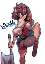 Rule 34 | 1girl, ajna (indivisible), ass, axe, bike shorts, breasts, brown hair, cleavage, closed mouth, dark-skinned female, dark skin, female focus, hair between eyes, hair ornament, highres, indivisible, medium breasts, sandals, shiny clothes, simple background, solo, standing, standing on one leg, tukiwani, white background