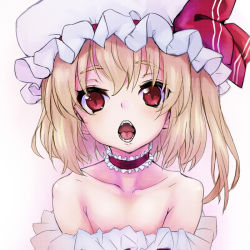 Rule 34 | 1girl, bad id, bad pixiv id, bare shoulders, blonde hair, choker, collarbone, flandre scarlet, hat, hotori (sion), long hair, looking at viewer, open mouth, petite, red eyes, side ponytail, solo, touhou, upper body