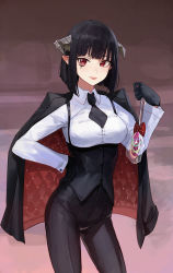 Rule 34 | 1girl, absurdres, black gloves, black hair, black jacket, black pants, breasts, brown background, candy, character request, closed mouth, commentary, copyright request, cowboy shot, english commentary, facial mark, food, gloves, highres, holding, holding candy, holding food, horns, jacket, jacket on shoulders, large breasts, long sleeves, looking at viewer, mac star, pants, pink background, pointy ears, red eyes, red jacket, shirt, short hair, solo, torture tortura, two-sided fabric, two-sided jacket, waistcoat, white shirt