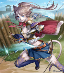 Rule 34 | 10s, 1girl, animal ears, armor, arrow (projectile), blue eyes, brown hair, cat ears, cat tail, dagger, dual wielding, esukee, furry, high felpurr, holding, knife, long hair, looking at viewer, midriff, ponytail, running, shingeki no bahamut, skirt, smile, tail, thighhighs, weapon