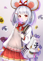 Rule 34 | 1girl, absurdres, animal ears, backpack, bag, blush, bow, brown background, blowing bubbles, chewing gum, collared shirt, commentary request, dress shirt, floral background, frilled skirt, frills, granblue fantasy, grey hair, hair bow, highres, long sleeves, looking at viewer, mouse ears, pilokey, pleated skirt, puffy long sleeves, puffy sleeves, red bow, red eyes, red skirt, shirt, skirt, solo, sweater vest, vikala (granblue fantasy), white shirt