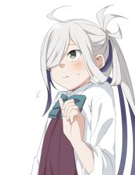 Rule 34 | 1girl, ahoge, asashimo (kancolle), flying sweatdrops, grey eyes, hair over one eye, halterneck, kantai collection, long hair, long sleeves, moti coi, ponytail, school uniform, shirt, silver hair, simple background, solo, upper body, white background, white shirt