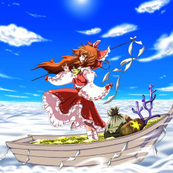Rule 34 | 1girl, aircraft, airship, bag, boat, bow, brown hair, cloud, day, detached sleeves, female focus, flying, gohei, gold, hair bow, hakurei reimu, highres, japanese clothes, kado, long hair, miko, sack, shide, skirt, sky, smile, solo, touhou, treasure, undefined fantastic object, watercraft