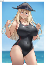 Rule 34 | 1girl, bare shoulders, bismarck (kancolle), blonde hair, blue eyes, blush, breasts, collarbone, competition swimsuit, covered navel, cowboy shot, hat, highres, kantai collection, large breasts, looking at viewer, military hat, ocean, one-piece swimsuit, outdoors, peaked cap, shiromaru (maniado), smile, swimsuit, tsurime
