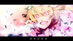 Rule 34 | 1girl, blonde hair, crazy eyes, crazy smile, electricity, embodiment of scarlet devil, female focus, flandre scarlet, glowing, glowing eyes, grin, hat, irohara mitabi, letterboxed, red eyes, short hair, side ponytail, smile, solo, touhou