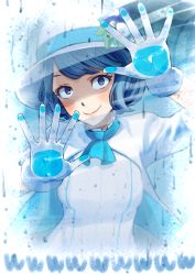 Rule 34 | 1girl, against fourth wall, against glass, artist request, blue eyes, blue hair, capelet, gloves, hat, long sleeves, looking at viewer, shaded face, smile, solo, suntory, suntory nomu, virtual youtuber, white hat