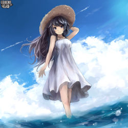 Rule 34 | 1girl, arm up, black eyes, black hair, blue sky, breasts, closed mouth, cloud, commentary request, contrail, copyright name, day, dress, full body, hat, kerberos blade, long hair, looking at viewer, medium breasts, outdoors, shimada sarasara, sky, sleeveless, sleeveless dress, smile, soaking feet, solo, straw hat, sundress, wading, water, white dress