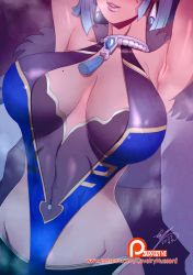 Rule 34 | 1girl, armpits, arms up, blue hair, breasts, cavalry (maslow), earrings, genshin impact, head out of frame, jewelry, medium hair, mole, mole on breast, patreon username, solo, steaming body, yelan (genshin impact)