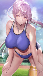 Rule 34 | 1girl, absurdres, aqua hair, armpit crease, bent over, blush, bottle, breasts, buruma, collarbone, gentsuki, highres, large breasts, leaning forward, long hair, looking at viewer, multicolored hair, navel, orange eyes, original, outdoors, parted lips, pink hair, ponytail, sidelocks, solo, sports bra, standing, steam, sweat, thighs, track and field, track uniform, water bottle