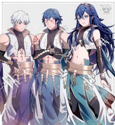 Rule 34 | !, !!, 1girl, 3boys, abs, alternate costume, ameno (a meno0), arm tattoo, armlet, bare shoulders, black shirt, black sleeves, blue eyes, blue hair, blush, bridal gauntlets, brown eyes, chibi, chrom (fire emblem), closed eyes, commentary request, cosplay, cropped jacket, crossed arms, detached sleeves, fire emblem, fire emblem awakening, fire emblem heroes, hair between eyes, inigo (fire emblem), inigo (fire emblem) (cosplay), inigo (performing arts) (fire emblem), jacket, jewelry, long hair, looking at viewer, lucina (fire emblem), midriff, multiple boys, muscular, muscular male, navel, nintendo, pants, pelvic curtain, robin (fire emblem), robin (male) (fire emblem), shirt, short hair, smile, stomach, sweatdrop, tattoo, tiara, turtleneck, white hair, white jacket