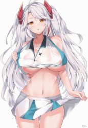 Rule 34 | 1girl, absurdres, antenna hair, azur lane, bad id, bad pixiv id, bare shoulders, breasts, bremerton (azur lane), bremerton (azur lane) (cosplay), bremerton (scorching-hot training) (azur lane), collarbone, cosplay, cowboy shot, crop top, crop top overhang, hair ornament, highres, jewelry, large breasts, long hair, looking at viewer, midriff, miniskirt, multicolored hair, mushpz, navel, necklace, parted lips, pleated skirt, prinz eugen (azur lane), red eyes, shirt, silver hair, simple background, skirt, sleeveless, sleeveless shirt, solo, stomach, streaked hair, thighs, two side up, underboob, very long hair, wet, wet clothes, wet shirt, white background, white shirt, white skirt