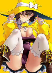 Rule 34 | 1girl, blush, boots, breasts, brown hair, cleavage, competition swimsuit, hat, highleg, highleg swimsuit, highres, jacket, kekemotsu, large breasts, long hair, long sleeves, looking at viewer, one-piece swimsuit, original, solo, swimsuit, thighhighs, witch hat, yellow background, yellow eyes