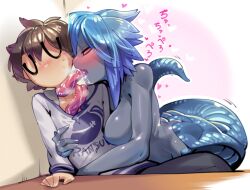 Rule 34 | 1boy, 1girl, against wall, arm between breasts, arm hug, between breasts, blue hair, blush, breast press, breasts, brown hair, clothed male nude female, colored skin, fang, fate (series), feet out of frame, femdom, fujimaru ritsuka (male), glasses, grabbing, grey skin, hug, lamia, lamia (fate), large breasts, licking, licking another&#039;s neck, long tongue, monster girl, muscular, muscular female, naga raja (fate), no eyes, no nipples, nude, red eyes, saliva, short hair, sido (slipknot), spiked hair, table, tail, teasing, tongue, wall
