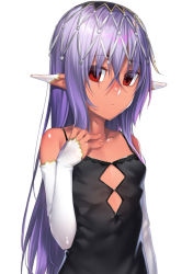 Rule 34 | 1girl, bare shoulders, black dress, breasts, commentary request, dark-skinned female, dark skin, detached sleeves, dress, ear ornament, elf, empty eyes, expressionless, female focus, h kasei, hair between eyes, hand on own chest, long hair, looking at viewer, original, pointy ears, purple hair, red eyes, simple background, small breasts, solo, spaghetti strap, upper body, white background