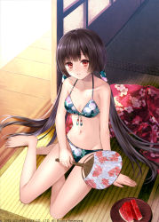 Rule 34 | 1girl, arm support, bad id, bad pixiv id, bare shoulders, barefoot, bikini, black hair, blush, breasts, character request, cleavage, hand fan, floral print, food, front-tie top, fruit, fukahire (ruinon), kaku-san-sei million arthur, long hair, looking at viewer, million arthur (series), navel, paper fan, red eyes, sitting, small breasts, solo, sweat, swimsuit, twintails, uchiwa, very long hair, watermelon, yokozuwari