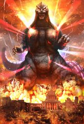 Rule 34 | absurdres, aura, city, cloud, dai toro, destruction, dinosaur, electricity, embers, energy, energy field, energy pulse, epic, explosion, fire, glowing, glowing eyes, godzilla, godzilla (series), highres, kaijuu, lightning, looking at viewer, national diet building, no humans, nuclear pulse, pink electricity, real world location, red eyes, smoke, storm, tail, toho, tokyo (city)