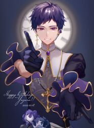 Rule 34 | 1boy, blue gloves, blue hair, blurry, blurry background, character name, clock, commentary request, cross, cross necklace, dark blue hair, dated, earrings, ensemble stars!, flower, fushimi yuzuru, gloves, happy birthday, high collar, highres, index finger raised, izuki hiyako, jewelry, juliet sleeves, long sleeves, looking at viewer, male focus, microphone, necklace, puffy sleeves, purple eyes, roman numeral, short hair, solo, upper body