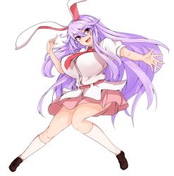 Rule 34 | 1girl, :d, animal ears, blush, breasts, commentary request, full body, highres, huge breasts, kneehighs, long hair, looking at viewer, miniskirt, necktie, open mouth, pink eyes, pink skirt, puffy short sleeves, puffy sleeves, purple hair, rabbit ears, red necktie, reisen udongein inaba, shirt, short sleeves, simple background, skirt, smile, socks, solo, sprout (33510539), standing, swept bangs, touhou, very long hair, white background, white shirt, white socks
