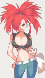 Rule 34 | 1girl, bare shoulders, belt, breasts, cleavage, creatures (company), denim, flannery (pokemon), game freak, gym leader, hair over one eye, high ponytail, highres, inkerton-kun, jeans, large breasts, long hair, nintendo, one eye covered, pants, pokemon, pokemon oras, red eyes, red hair, shirt, sleeveless, smile, tied shirt