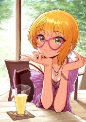 Rule 34 | 10s, 1girl, bad id, bad pixiv id, bendy straw, bespectacled, blonde hair, blush, bracelet, breasts, cafe, chair, cleavage, closed mouth, coaster, collarbone, cup, drink, drinking glass, drinking straw, eyebrows, eyelashes, fingernails, floral print, glasses, green eyes, head rest, heart, heart necklace, highres, idolmaster, idolmaster cinderella girls, jewelry, lace trim, lips, long fingernails, looking at viewer, miyamoto frederica, necklace, off shoulder, omaru gyuunyuu, on chair, pink-framed eyewear, shade, sharp fingernails, short hair, sitting, small breasts, smile, solo, strap slip, table, tree, upper body