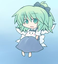 Rule 34 | 1girl, 216, :&gt;, :d, barefoot, blue background, blush, bow, chibi, daiyousei, fairy wings, full body, gradient background, green eyes, green hair, hair bow, kedama (touhou), large bow, looking at viewer, open mouth, shirt, short hair, side ponytail, sitting, sitting on lap, sitting on person, skirt, skirt set, smile, touhou, vest, white shirt, wings, | |