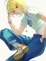 Rule 34 | 1girl, blonde hair, blue nails, blue pants, bracelet, don quixote (project moon), grin, hand in pocket, highres, jewelry, limbus company, looking at viewer, necklace, pants, project moon, shirt, shoes, short hair, simple background, smile, sneakers, socks, solo, szztzzs, t-shirt, v, white background, white shirt, white socks, yellow eyes, yellow footwear
